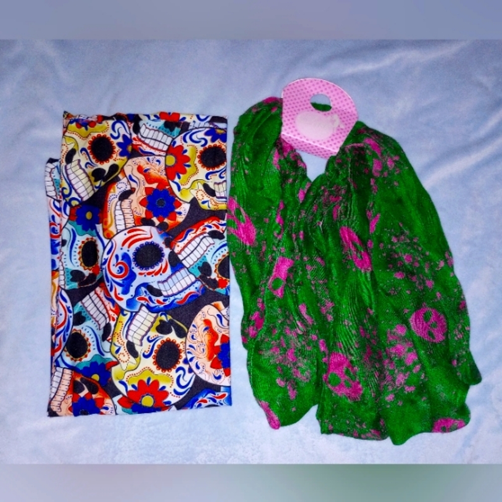 2 Wrap Full Circle Scarves Halloween Sugar Skulls Green Pink Multicolor